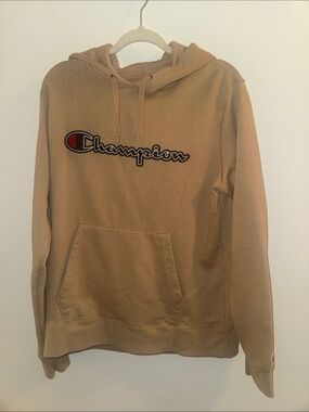 Champion Men's Beige Hoodie with Script Logo